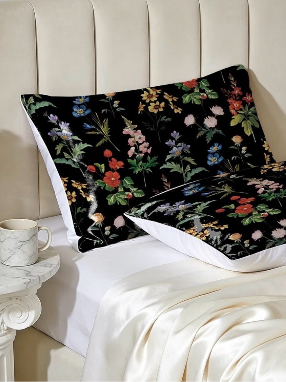 Floral Satin Pillowcase Pair in Black